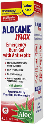 ALOCANE Max Maximum Strength Emergency Burn Gel With Lidocaine and Antiseptic, 4% Lidocaine, Fast Pain and Itch Relief, Sunburn Relief, Cuts, Scrapes, First Aid Burn Care, 4.0 Fluid Ounce