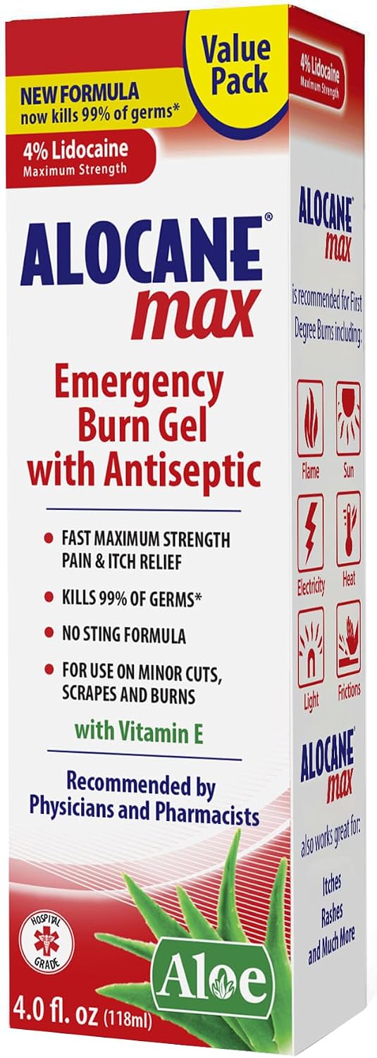 ALOCANE Max Maximum Strength Emergency Burn Gel With Lidocaine and Antiseptic, 4% Lidocaine, Fast Pain and Itch Relief, Sunburn Relief, Cuts, Scrapes, First Aid Burn Care, 4.0 Fluid Ounce