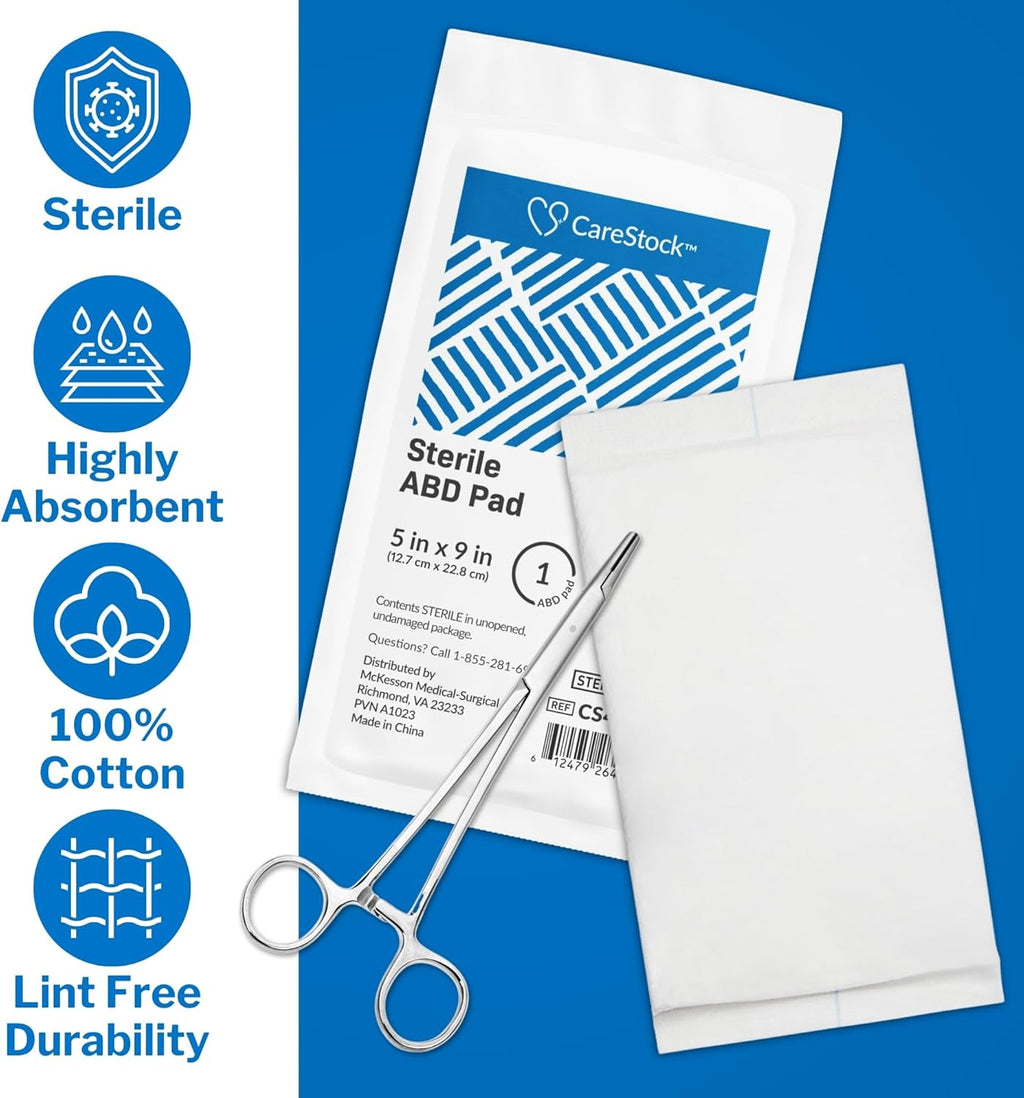 CareStock Abdominal Pad - Highly Absorbent Nonwoven Cellulose ABD Pads, Wound Care First Aid - Individually Packed, Sterile - 5 in. x 9 in., 20 Count, 2 Packs, White