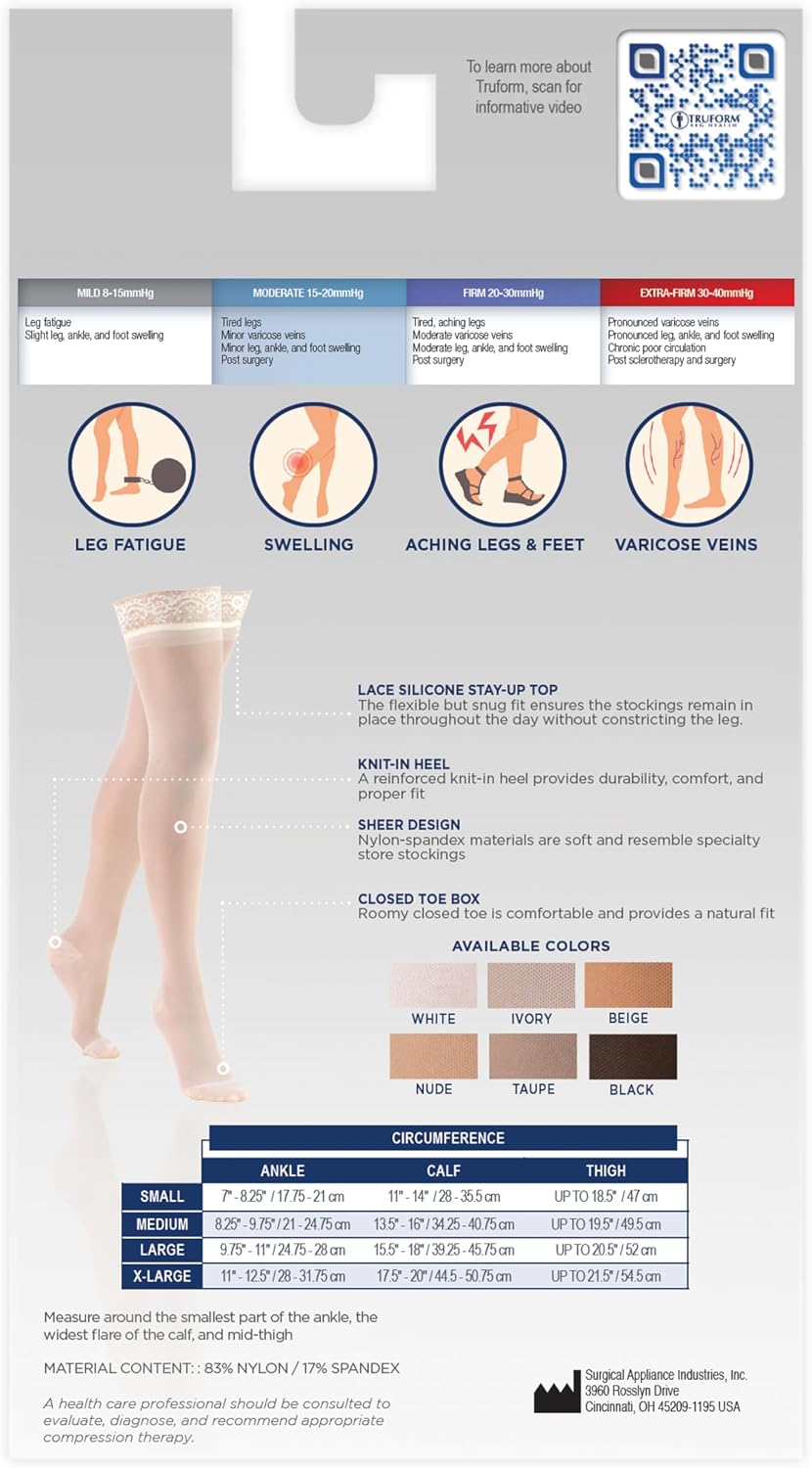 Truform Sheer Compression Stockings, 15-20 mmHg, Women's Thigh High Length, 20 Denier, Nude, Large