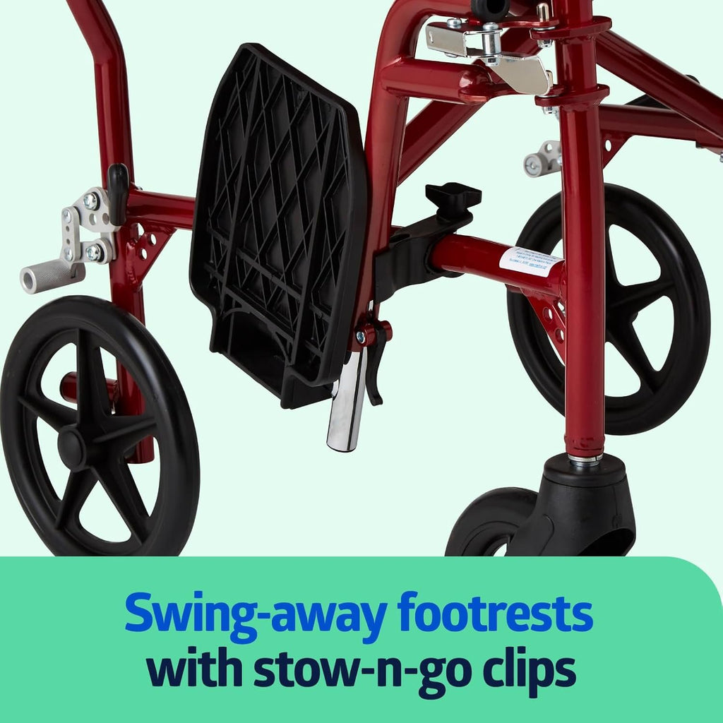 Medline Ultra Lightweight Transport Wheelchair for Adults, Foldable, 19-Inch Seat Width, Red Frame, Black Upholstery