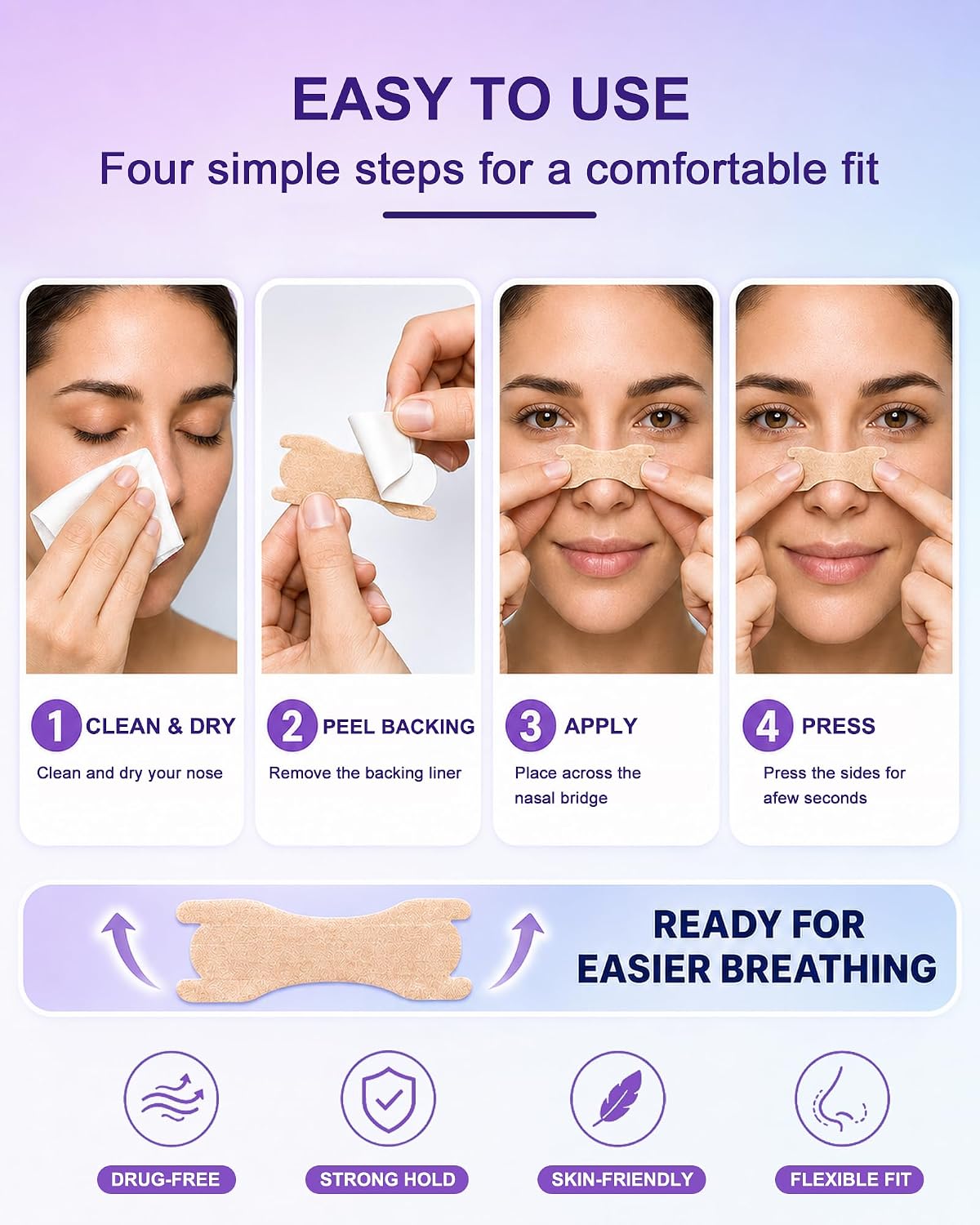 Extra Strength Nasal Strips for Snoring and Nasal Congestion Relief,Drug-Free Breath Better Nose Strips with Strong Adhesive,50% Stronger Lift,Clear Comfortable Design for Sensitive Skin,60 PCS