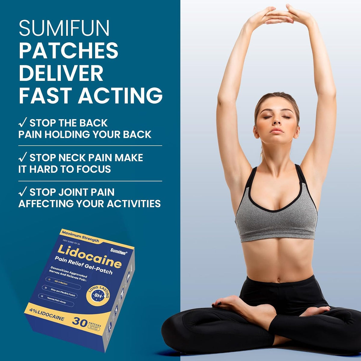 Sumifun 4% Lidocaine Pain Relief Patches 30 Count(Pack of 1) | Maximum Strength Numbing Gel Patch for Back Knee Neck Joint Ache Muscle Soreness Topical Analgesic
