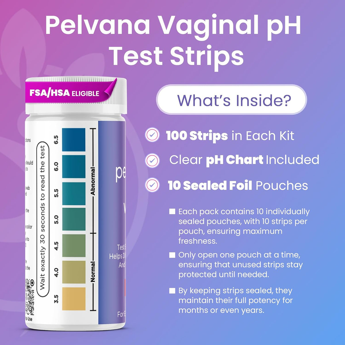Pelvana Vaginal pH Test Strips for Women 100 Strips FSA/HSA Eligible Vaginal Infection Test Kit Can Help Differentiate Between BV and Yeast Infections