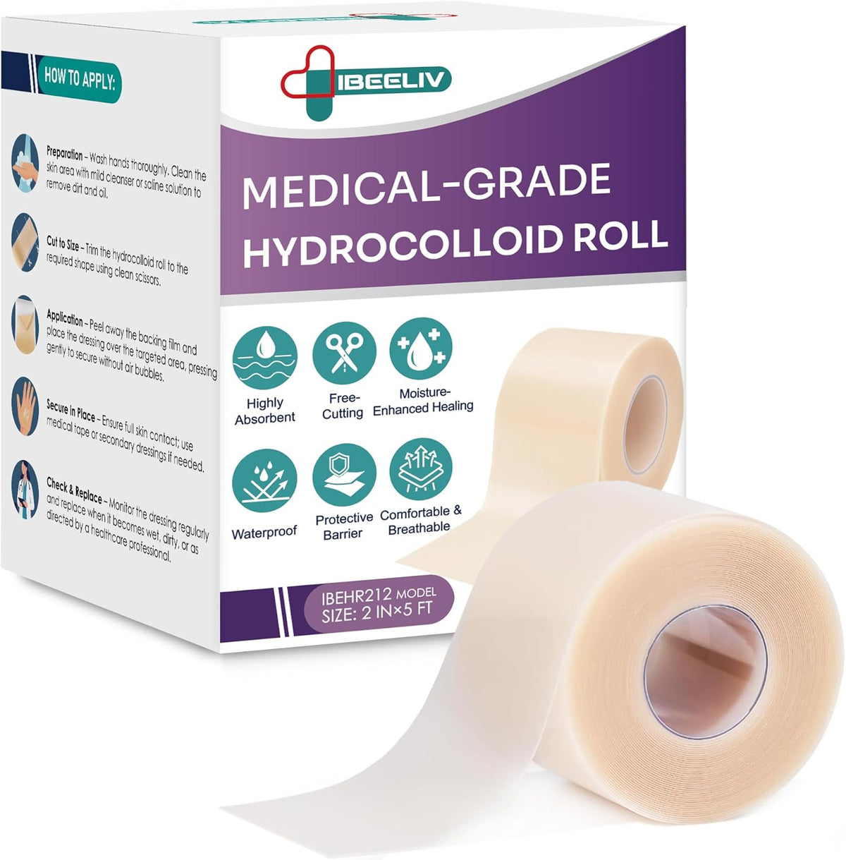 Medical-Grade Hydrocolloid Roll for Wound Care: 5cm × 1.5m Hydrocolloid Bandages, Cut-to-Size Self-Adhesive Patch Dressing, Waterproof & Ultra Absorbent Tape for Burns, Blisters, Acne, First Aid Kit