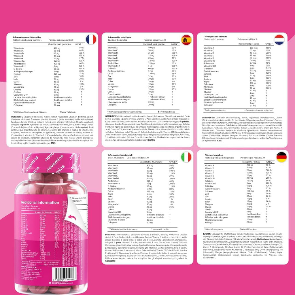 Women's Multivitamins - 60 Gummies with Vitamins for Hair, Marine Collagen and Hyaluronic Acid - Vitamin C, A, D, B, Biotin and Zinc - Multivitamin with Minerals and Probiotics - Novomins