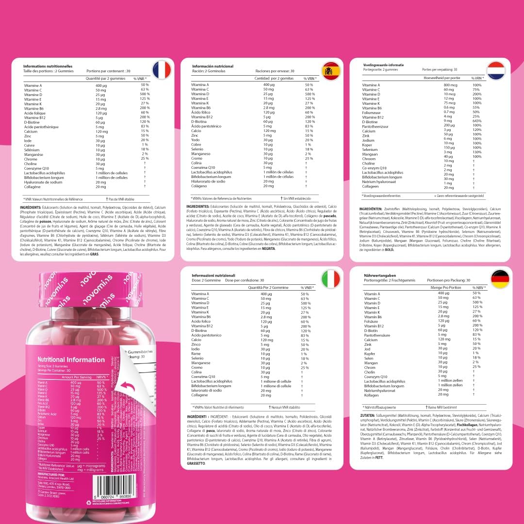 Women's Multivitamins - 60 Gummies with Vitamins for Hair, Marine Collagen and Hyaluronic Acid - Vitamin C, A, D, B, Biotin and Zinc - Multivitamin with Minerals and Probiotics - Novomins