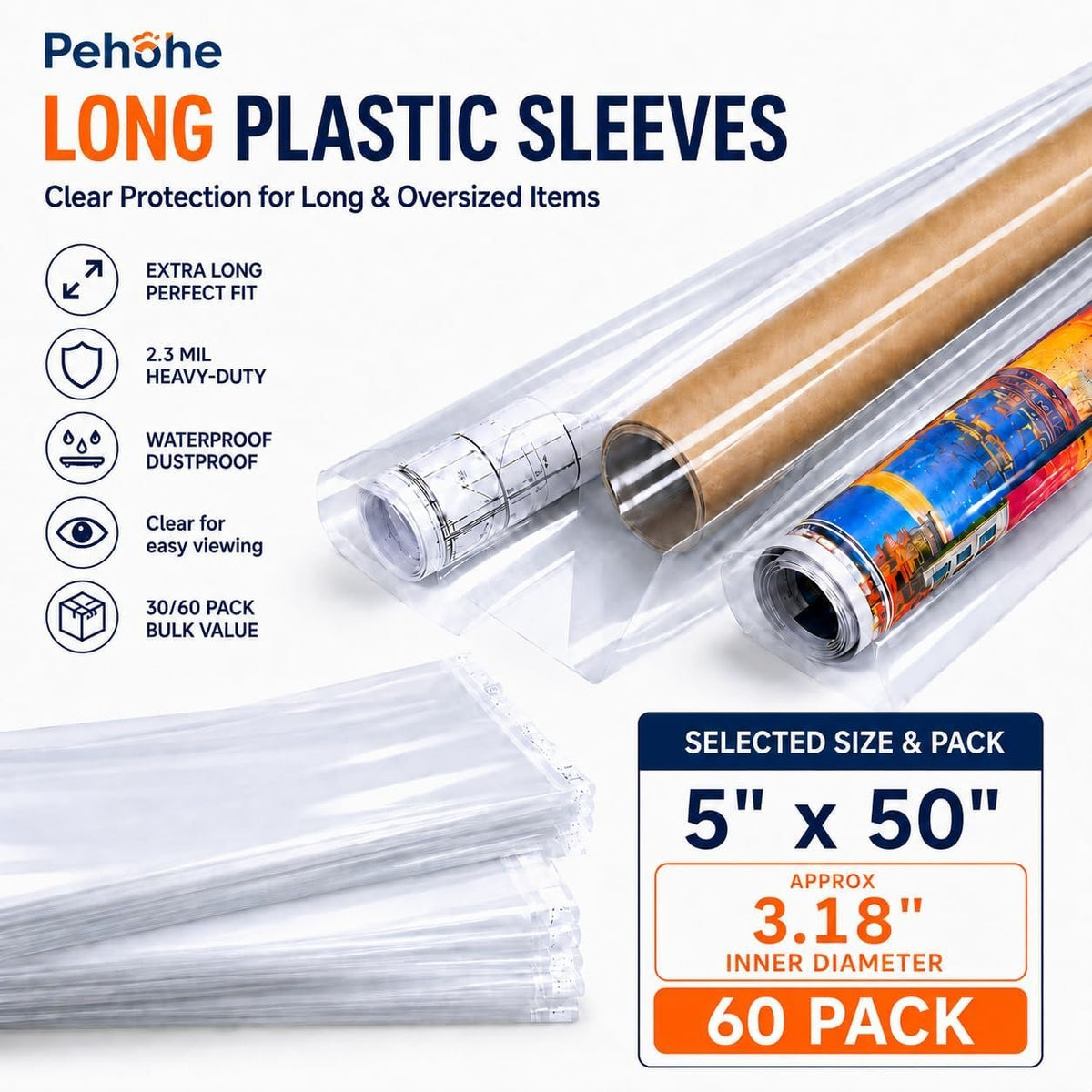 60 Pack 5x50" Long Plastic Sleeves 2.3Mil for Posters, Artwork & Blueprints