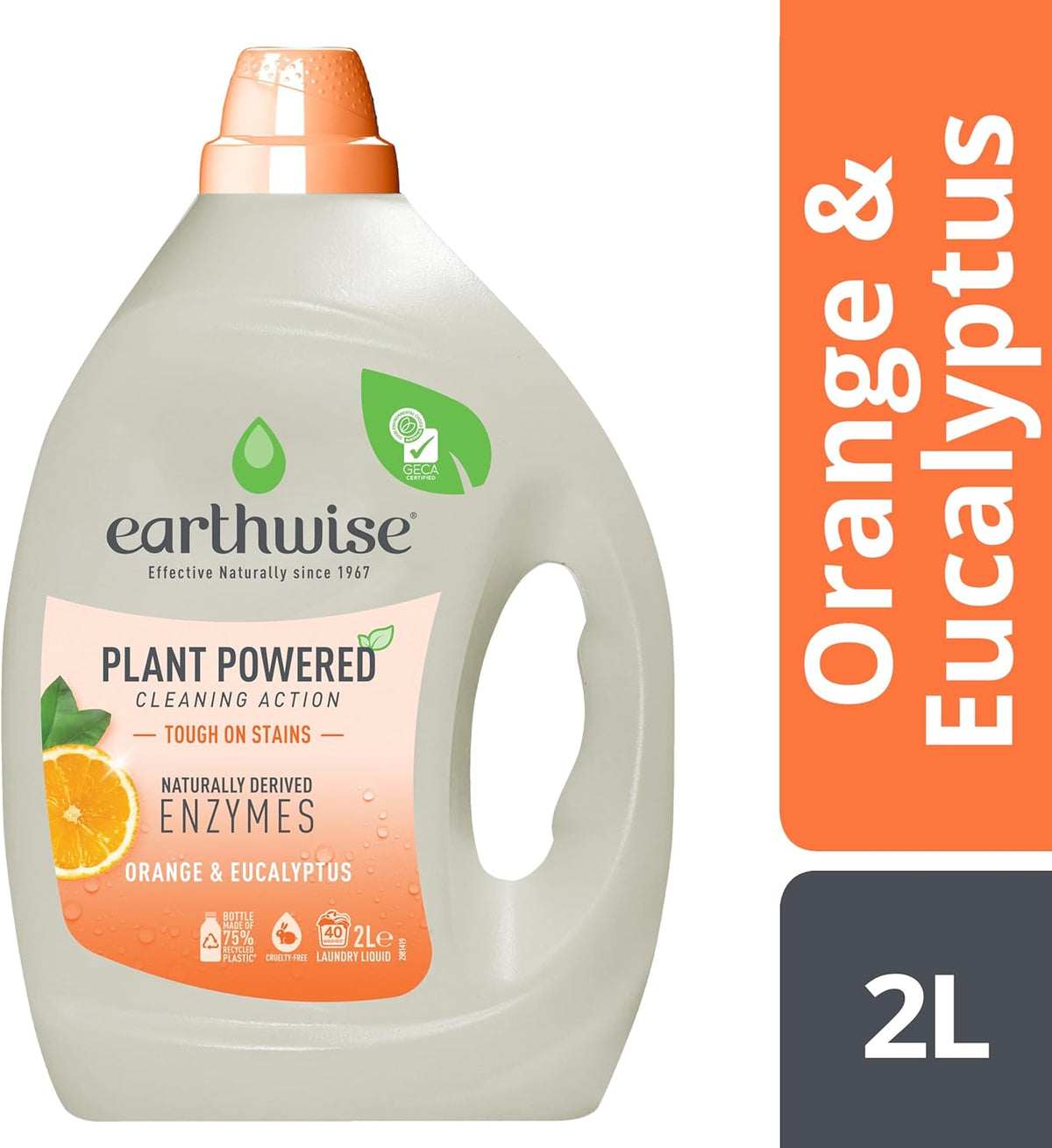 Earthwise Orange & Eucalyptus Laundry Washing Detergent Liquid 2L, 40 Washloads, Suitable for Front & Top Loader, Tough on Stains, Plant Powered Cleaning Action with Naturally Derived Enzymes