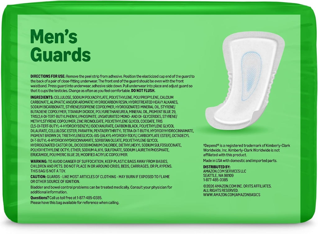 Amazon Basics Men's Incontinence Guards, Maximum Absorbency, Moisture-Wicking with Odor Protection, One Size Fits Most, 104 Count (2 Packs of 52), Packaging May Vary