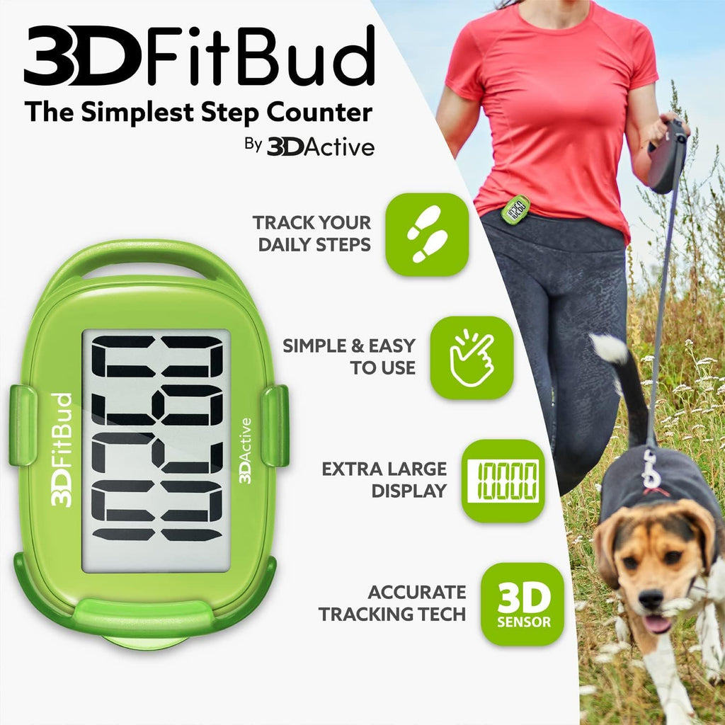 3DFitBud Simple Step Counter Walking 3D Pedometer by 3DActive with Clip, Lanyard Accurate Step Tracker Large Display, Easy to Use for Kids Men Women Adult Seniors Daily Step Tracking - A420S
