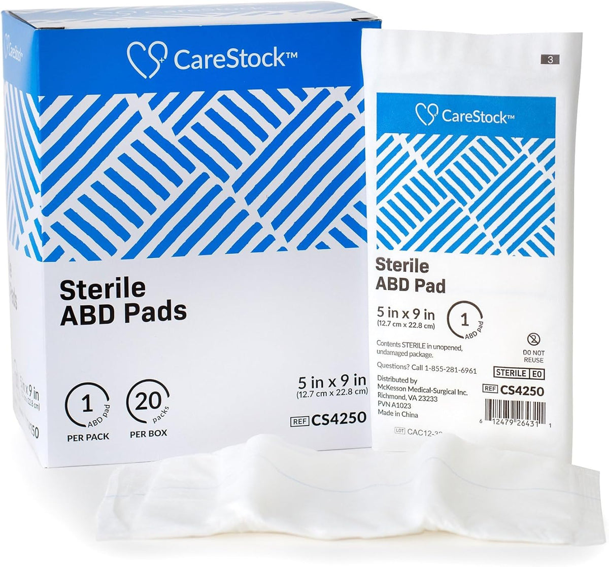 CareStock Abdominal Pad - Highly Absorbent Nonwoven Cellulose ABD Pads, Wound Care First Aid - Individually Packed, Sterile - 5 in. x 9 in., 20 Count, 2 Packs, White