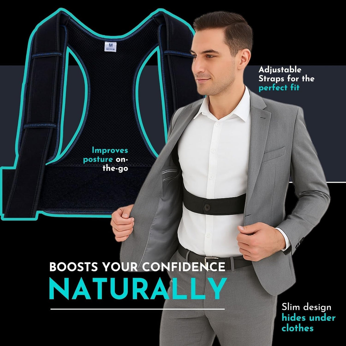 CUREWRAP Premium Posture Corrector Belt for Men & Women (Medium 34"-40") | Adjustable Back Support Brace for Spine, Shoulder, Neck & Upper Back Pain Relief | Breathable, Lightweight & Comfortable Design