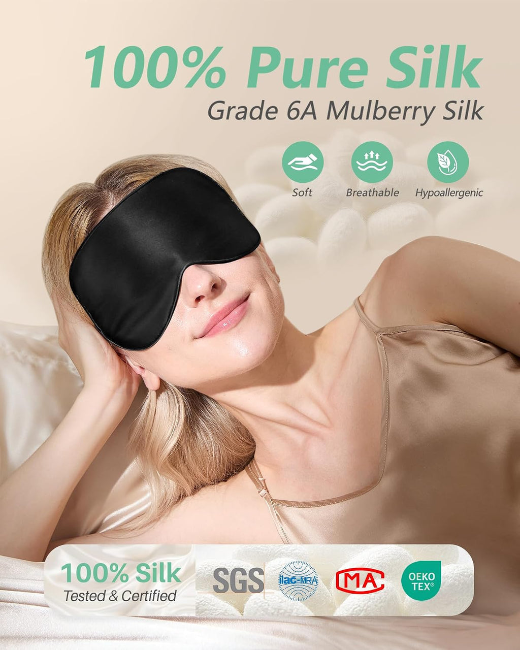BeeVines 100% Mulberry Silk Sleep Mask, Blackout Eye Masks(Black & Black) | Natural Pure Silk Eye Shade, Real Silk Eye Cover for Sleeping, with Adjustable Strap, Reduces Puffy Eyes, Traveling Gifts