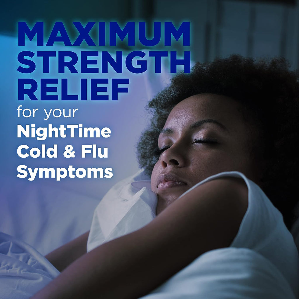 Amazon Basic Care Nighttime Cold and Flu Medicine, Maximum Strength, Original Flavor Liquid, Multi-Symptom Relief for Cough, Sore Throat, Fever, 12 fl oz (1-Pack)