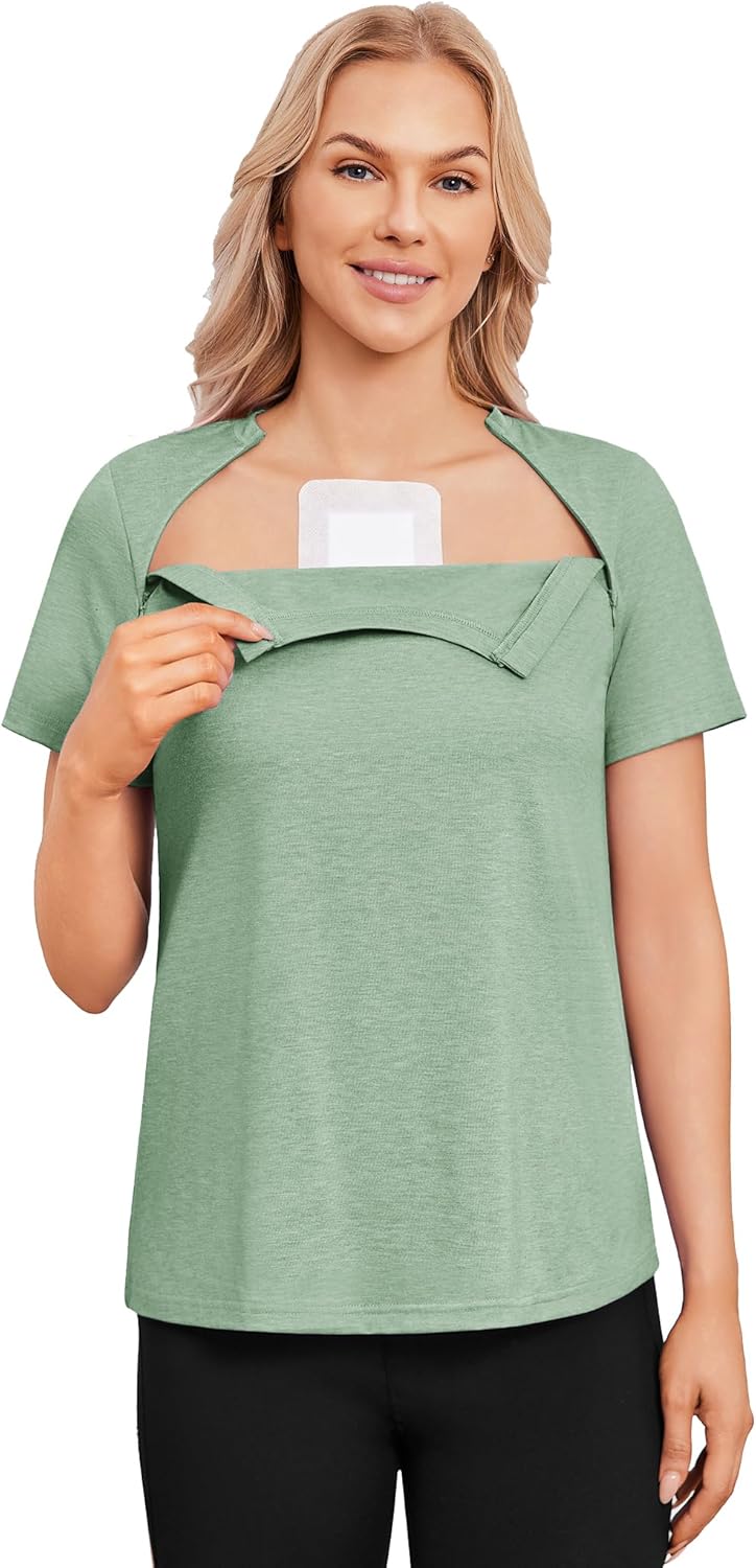 Deyeek Chemo Shirts for Port Access Women with 2 Hidden Side Zippers Post Surgery Short Sleeve Tear Away Adaptive Top Tees