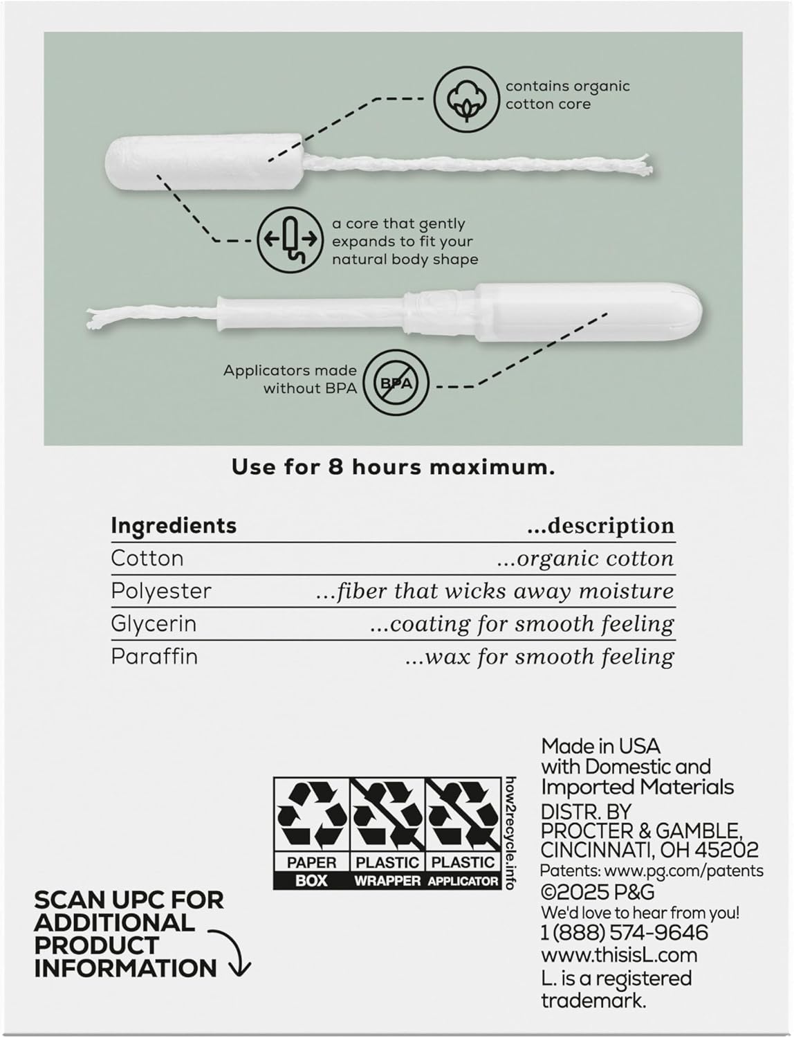 L. Tampons, Made with Organic Cotton, Regular/Super Absorbency, Multipack, Made Without Synthetic Pesticides, Rayon or Fragrances, Applicator Made Without BPA, Leak-Stopping Design, 18 Count