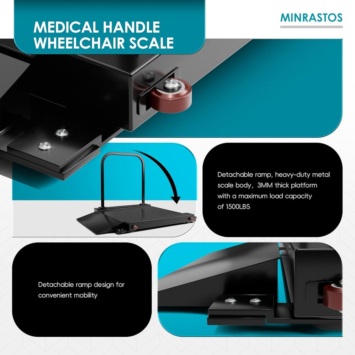 Double-Side Handle Wheelchair Scale with Dual Extended Detachable Ramp for Home Use Portable Heavy Duty Digital Medical Scale Weighing Platform 1000lbs x 0.2lbs