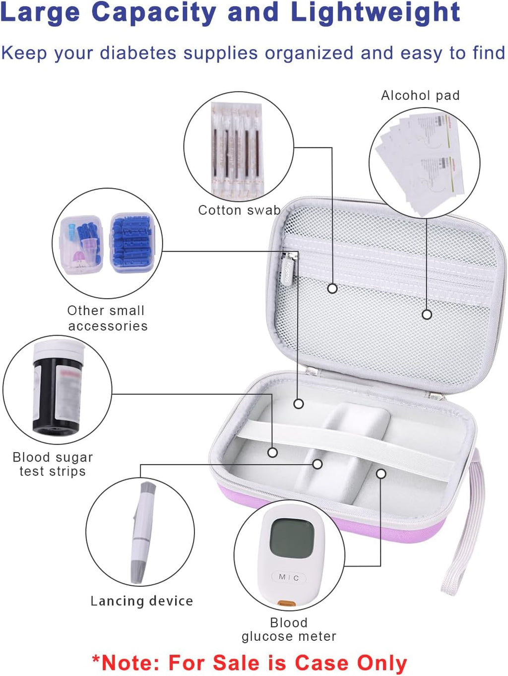 Diabetic Supplies Travel Case for Glucose Meter Diabetes Testing Kit-Violet | Portable Diabetes Testing Kit Storage Organizer Bag for Diabetes Blood Sugar Test Strips, Lancets, Lancing Device
