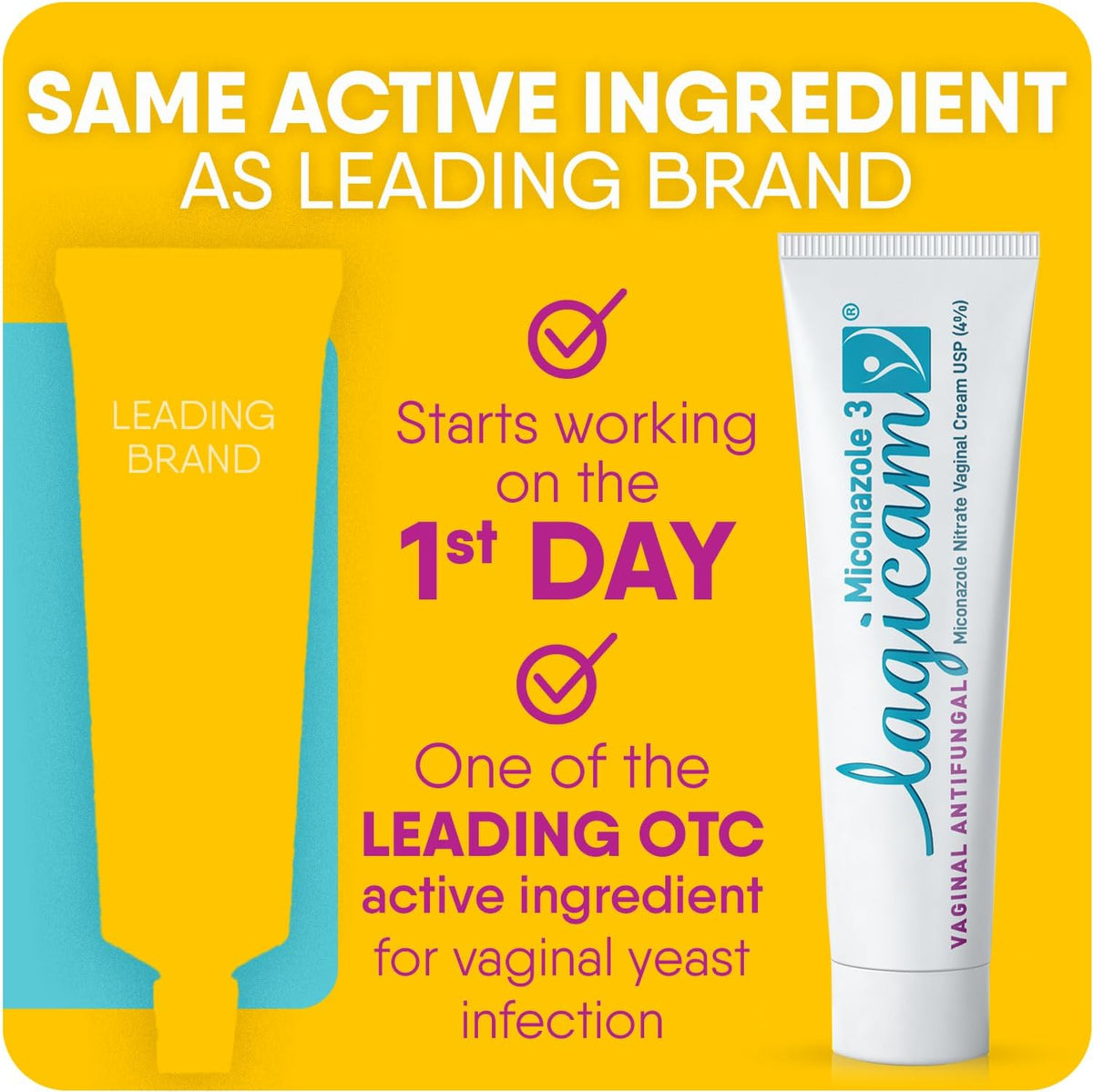 Lagicam 3 Day Vaginal Yeast Infection Treatment for Women, Start working on the 1st Day, Miconazole Nitrate, Antifungal Cream relieves Itching and Irritation, 3 Disposable Applicators & Cream (1 Pack)