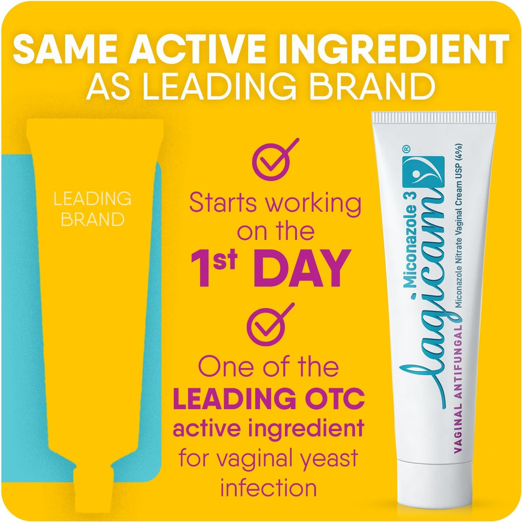 Lagicam 3 Day Vaginal Yeast Infection Treatment for Women, Start working on the 1st Day, Miconazole Nitrate, Antifungal Cream relieves Itching and Irritation, 3 Disposable Applicators & Cream (1 Pack)