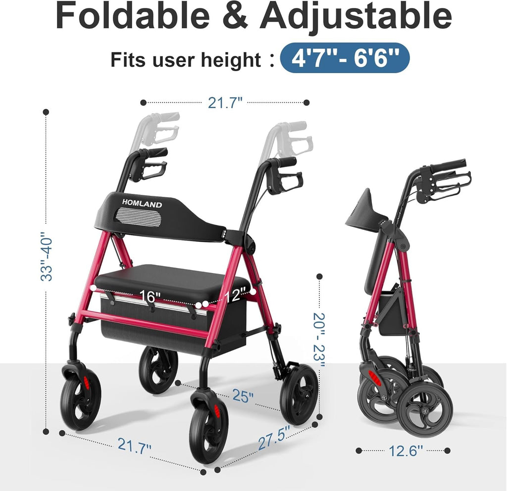 HOMLAND Foldable Rollator Walkers for Seniors with Seat, 16" Enlarged Seat | 350 lb Sturdy Frame, 16"×12" Seat 1.9" Thick, 8" Big Wheels, Adjustable Height, Tool-Free Assembly, All Terrain Mobility Aid
