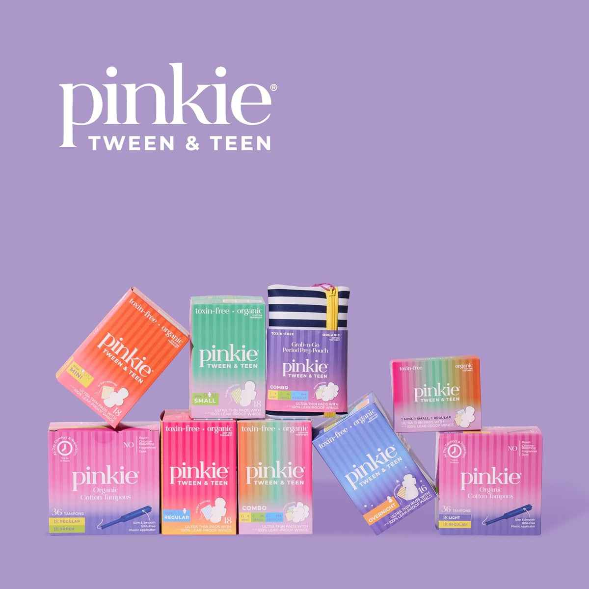 Pinkie Organic Cotton Period Pads for Tweens & Teens - Heavy Flow, 18 Count Combo Pack