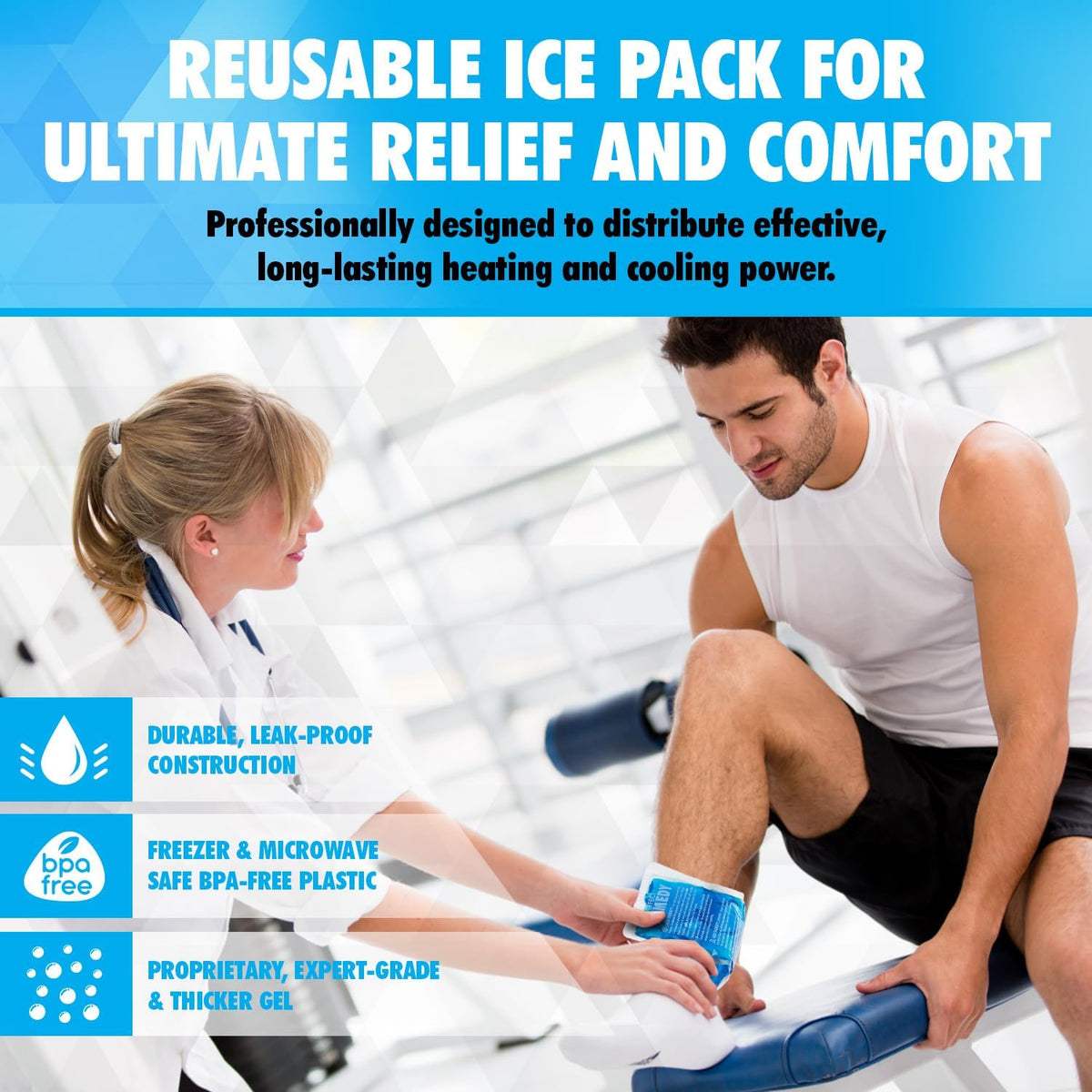 Gel Ice Pack - Hot & Cold Compress, Reusable Injury Ice Pack for Knee, Shoulder, Back, Neck, Hip, Ankle, Wrist, Foot Pain Relief & Injury Recovery Soft Gel for Muscle Strain (Blue, Reg)