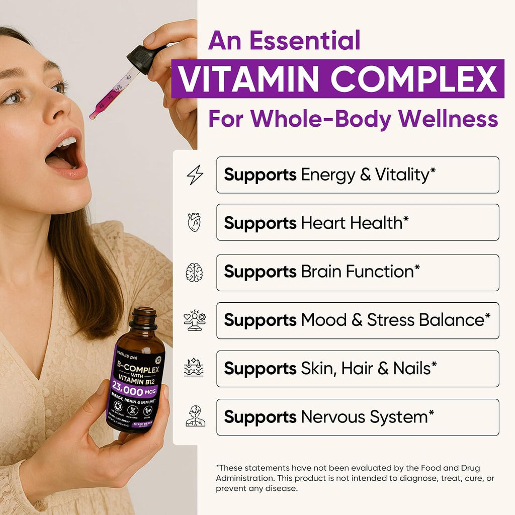 Vitamin B Complex 23000mcg - Methyl B12| B9 Folic|B7 Biotin,B1,B2,B3,B5,B6, | Vitamin B Complex Liquid Drops for Men & Women with Vitamin C, Choline & Inositol for Energy, Immune & Brain Support - 2Oz