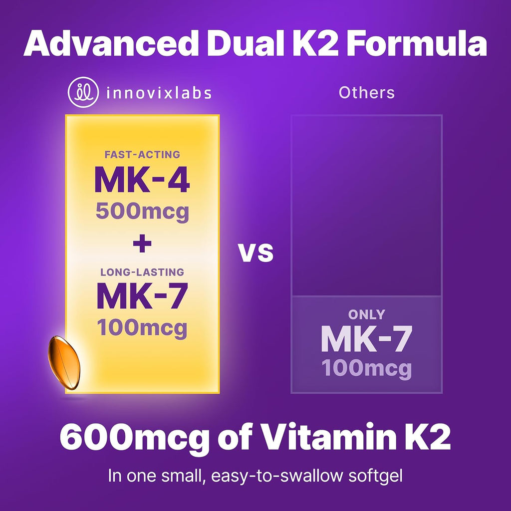 InnovixLabs Full Spectrum Vitamin K2 MK7 + MK4, 600 mcg (90 Softgels)