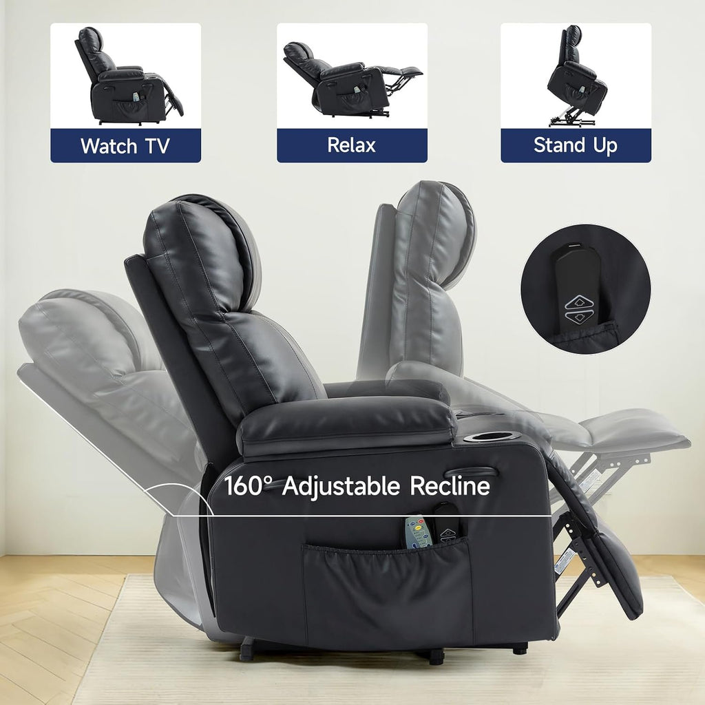 Power Lift Recliner Electric Chair for Elderly with USB Charge Port, Black | Fits 5'2"–5'9" Heights, PU Leather Recliner with Massage & Heat, 160° Adjustable Recline, Stand Assist, Remote, Cup Holders