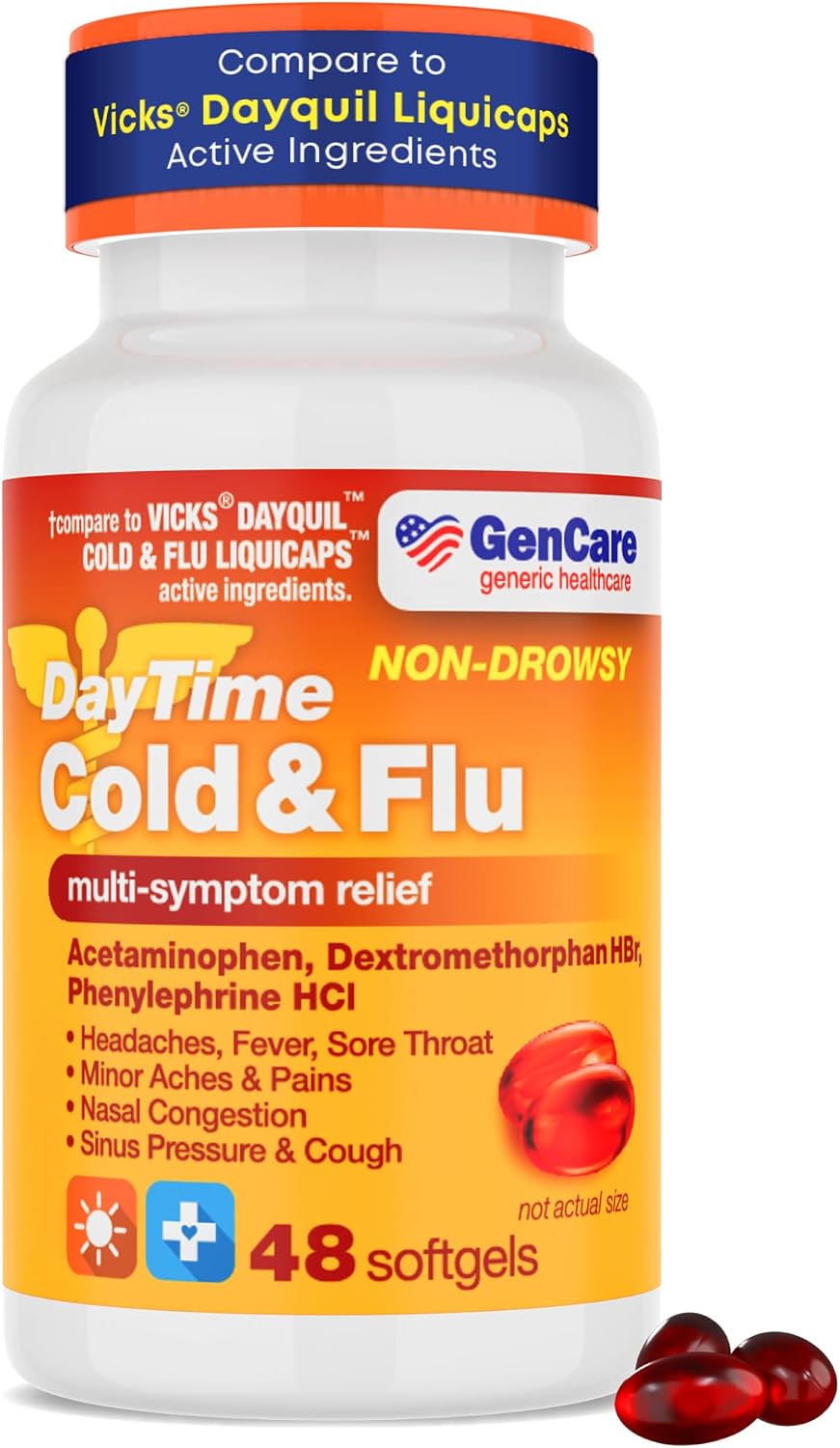 GenCare Daytime Cold & Flu Relief, Non-Drowsy Multi-Symptom, 48 Ct | Compares to DayQuil; relieves fever, cough, congestion & body aches, non-drowsy, severe cold flu
