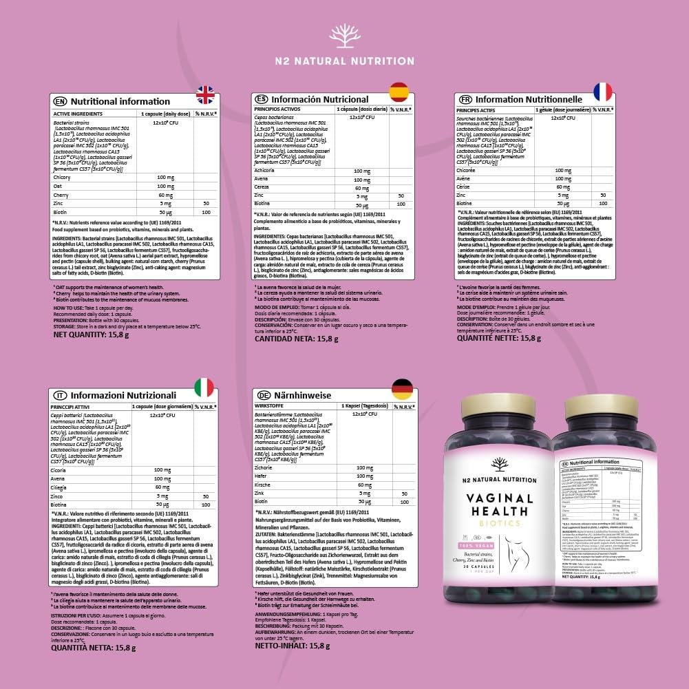 Probiotics Woman Flora Intima. 6 Different Strains. Fights and Prevents Vaginal and Urinary Infections. Improves the Mucosa and Strengthens the Vaginal Flora 30 Capsules. CE. N2 Natural Nutrition