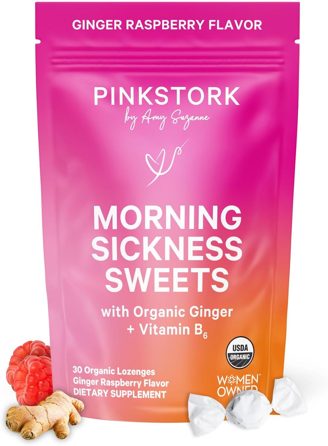Pink Stork Morning Sickness Sweets Organic Raspberry Ginger, 30 Count | USDA Organic Ginger + Vitamin B6, Motion Sickness Support, Digestive Comfort + Heartburn Support, 30 Wrapped Drops