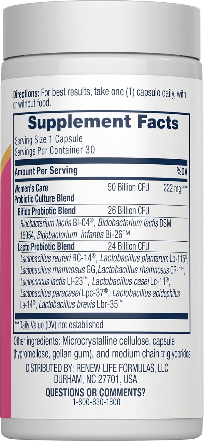 Renew Life Women's Probiotic - Ultimate Flora Women's Vaginal Probiotic Supplement - Gluten, Dairy & Soy Free - 50 Billion CFU - 30 Vegetarian Capsules