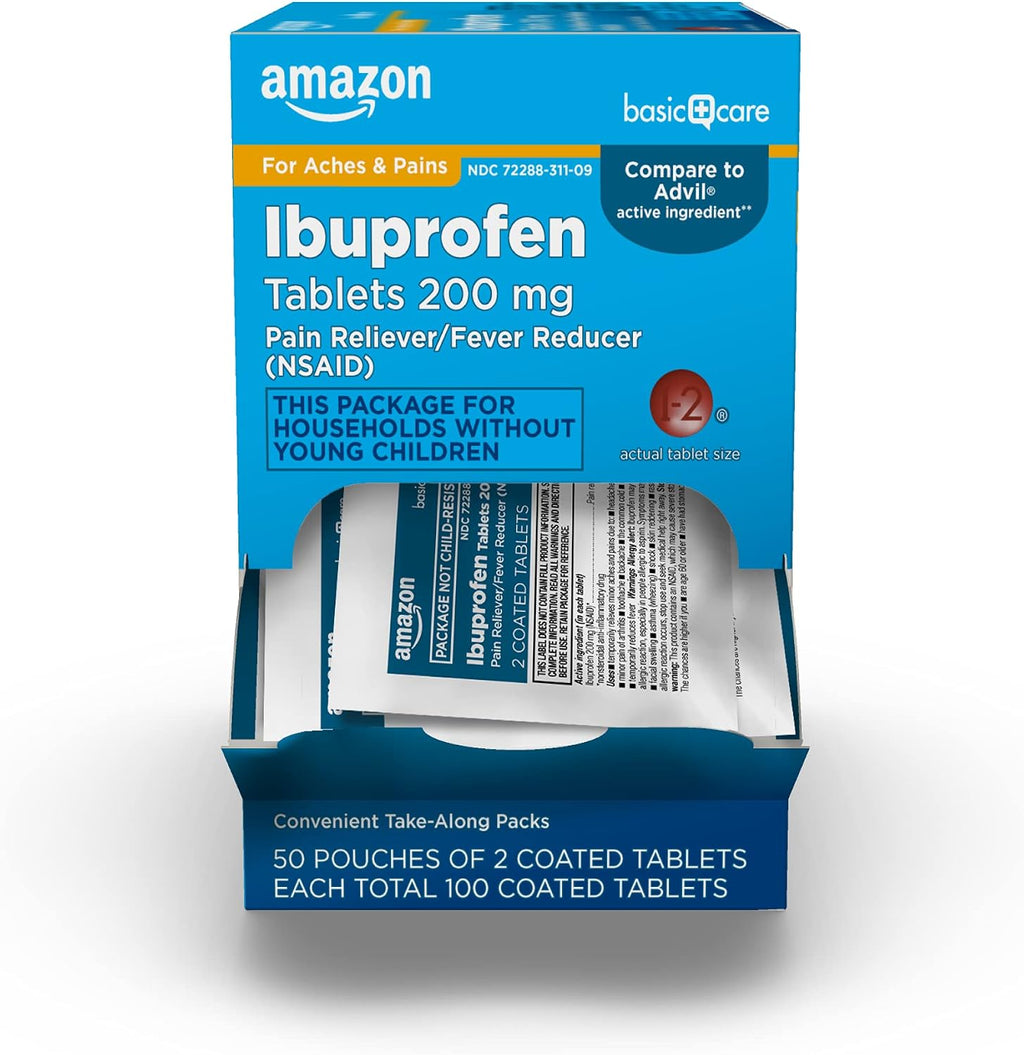 Amazon Basic Care Ibuprofen Tablets, 200 mg, Pain Reliever and Fever Reducer, For Headache, Muscular Aches, Arthritis, Backache, Menstrual Pain, 100 Count (Pack of 1)