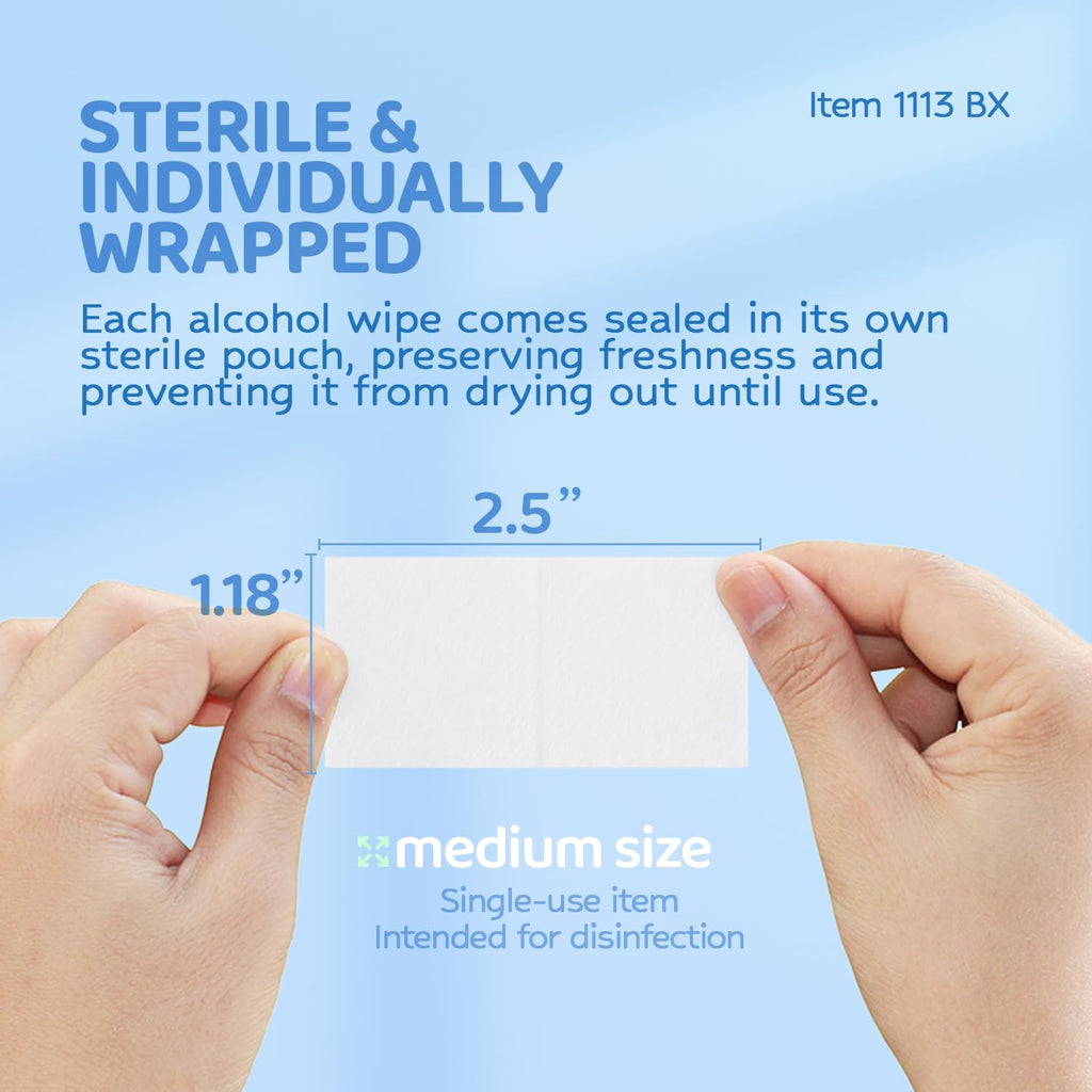 Dynarex DynaSafety Sterile Alcohol Prep Pads - Medium - 70% Isopropyl Alcohol, Individually Wrapped, Soft Cleaning Wipes - 200 per Box