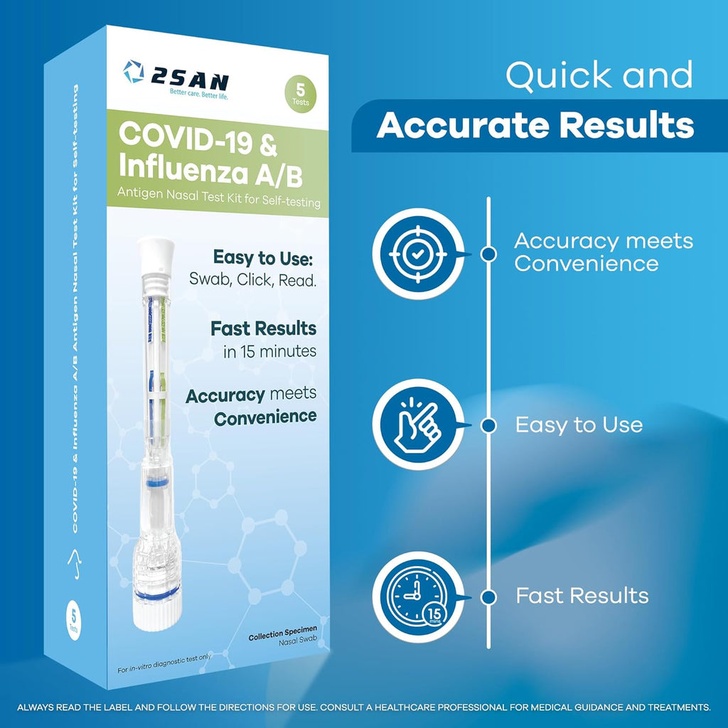 2San COVID-19 & Flu A/B Pen Test – Results in 15 Minutes – 5-Pack (5 Test) – Rapid Antigen Home Test – Clinically Accurate – Easy, Non-Intrusive Nasal Swab – Detects Flu & COVID