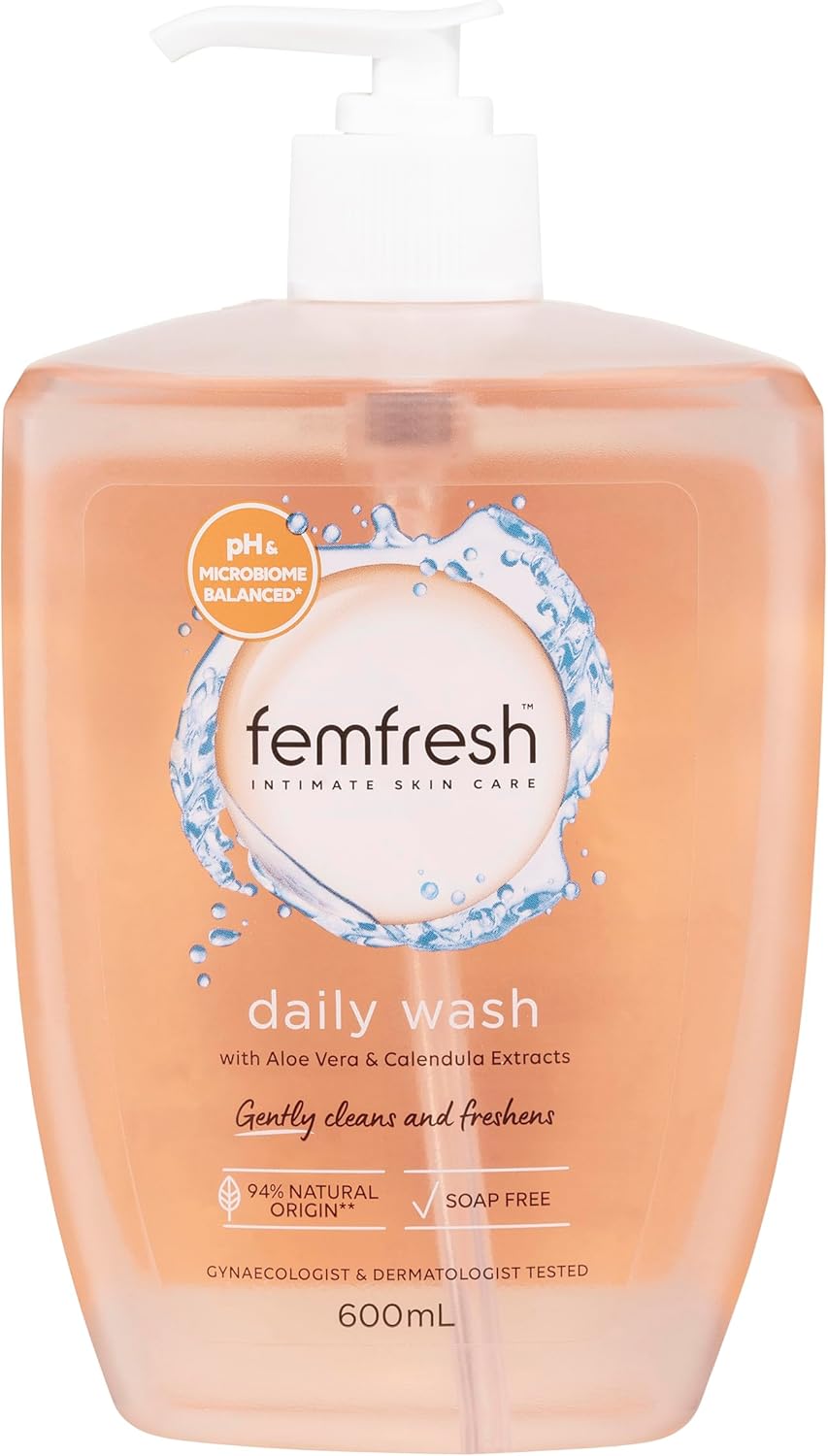 Femfresh Daily Intimate Wash 600ml - pH & Microbiome Balanced, With Aloe Vera & Calendula Extracts, 94% Natural Origin Ingredients, Hypoallergenic & Soap-Free, Gentle Feminine Wash for Freshness