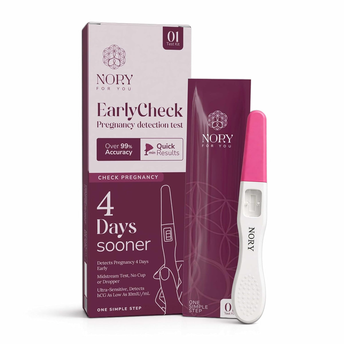 NORY EarlyCheck Pregnancy Test – Detects 4 Days Sooner, Over 99% Accuracy, Ultra-Sensitive hCG Detection (10 mIU/mL), Quick 1-Min Result, Midstream Test