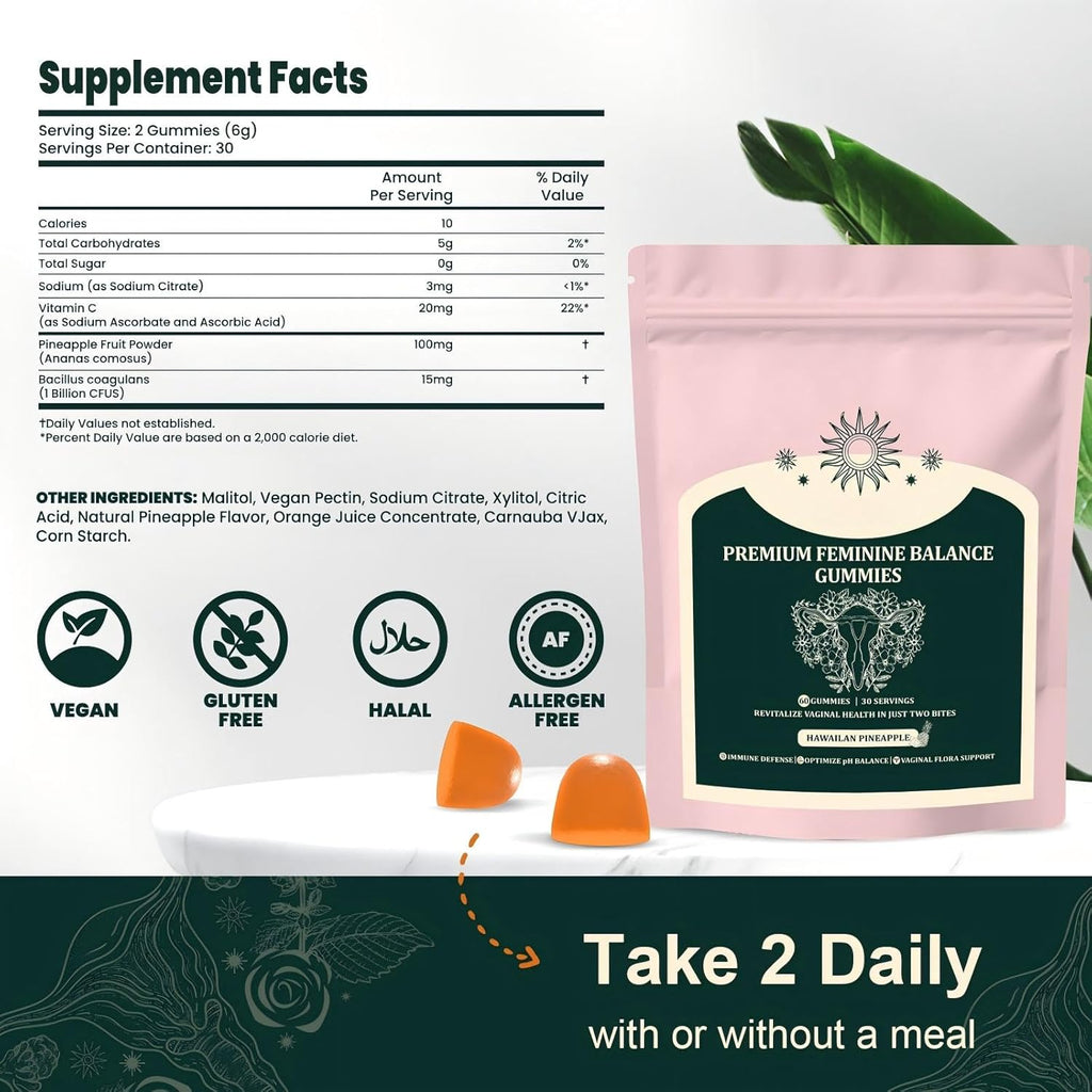Feminine Balance Gummies – Vaginal Probiotics & Probiotics for Women – Vegan, Low Sugar, Gluten-Free – Pineapple Flavor – 60 Gummie