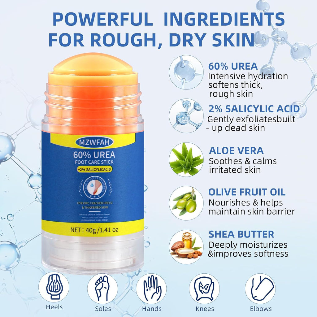 60% Urea Foot Cream Stick with 2% Salicylic Acid, Maximum Strength Urea Foot Cream Callus Remover for Dry Cracked Heels, Hands, Knees, Elbows, Dead Skin Remover Foot Balm 1.41oz