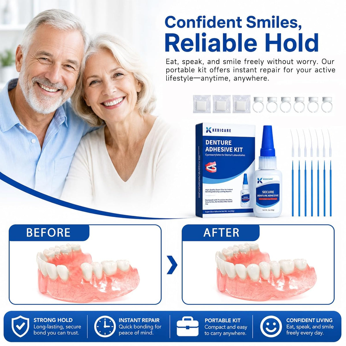 Dental Lab Instant Bonding Denture Adhesive Kit - Denture Repair Glue 1oz for Dentures & Lab Tools, Cracks, Gaps & Loose Teeth | Fast-Setting, Long-Lasting Hold | Safe, No Irritating Odor