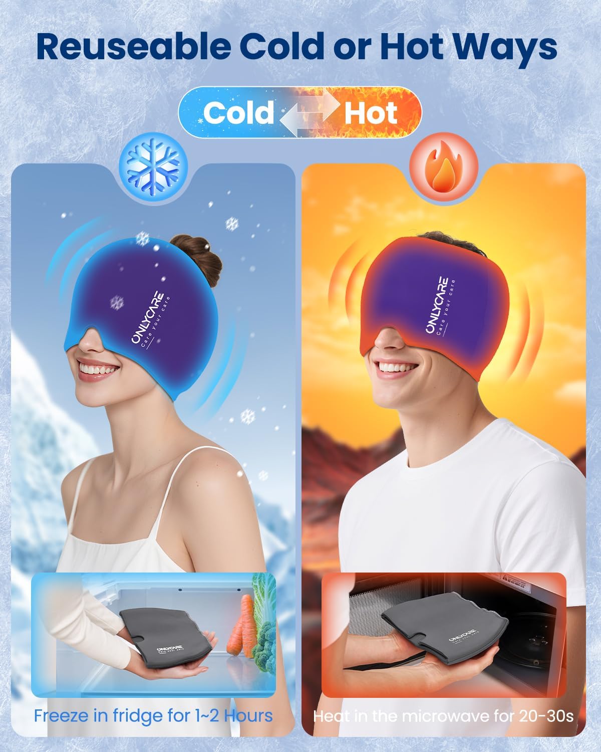 ONLYCARE 2 Pack Migraine Relief Cap, Headache Relief Cap with Odorless Gel | Cooling Hat Head Wrap Soothing Face Ice Pack Mask Products for Tension Stress Hangover & Puffy Eyes, Relaxing Gifts for Women