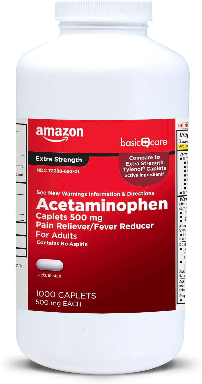 Amazon Basic Care Extra Strength Pain Relief, Acetaminophen Caplets, 500 mg, Pain Reliever and Fever Reducer for Headache, Backache, Arthritis Pain, Menstrual Cramps, 1000 Count (Packaging may vary)