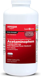 Amazon Basic Care Extra Strength Pain Relief, Acetaminophen Caplets, 500 mg, Pain Reliever and Fever Reducer for Headache, Backache, Arthritis Pain, Menstrual Cramps, 1000 Count (Packaging may vary)