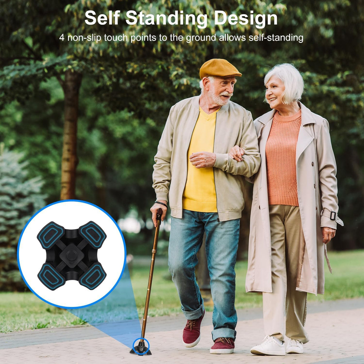 supregear Cane Tip Heavy Duty - Self Standing Non-Slip Rubber Quad Base for Walking Cane - Stable 4 Prong Replacement Foot Pad for Walking Stick Offset Quad Pod or Tripod