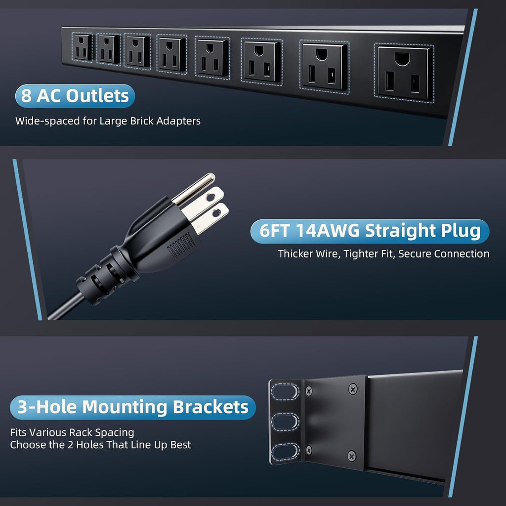 8 Outlet 1U Rack Mount PDU Power Strip 2000J Surge