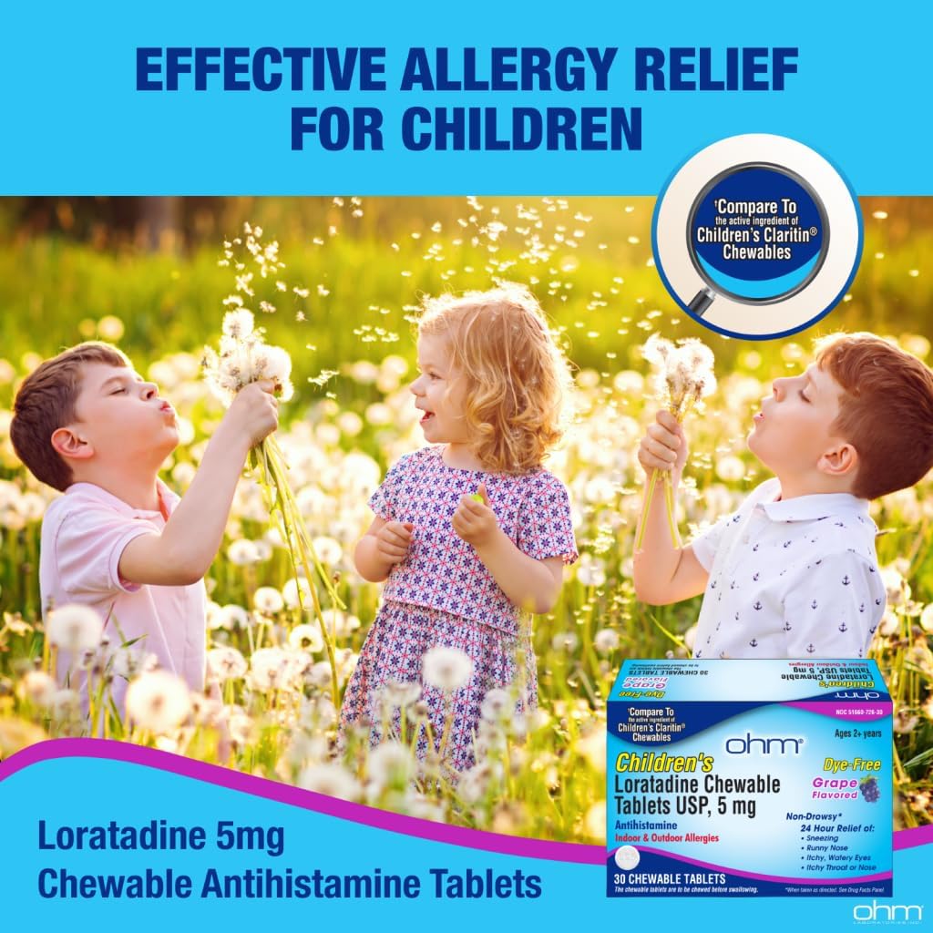 Ohm Children's Allergy Medicine, Loratadine 5mg, Chewable Tablets (30 Count) Grape Flavor, Non-Drowsy Antihistamine, 24-Hour Allergy Relief for Runny Nose, Watery Eyes, Itchy Throat & Nose