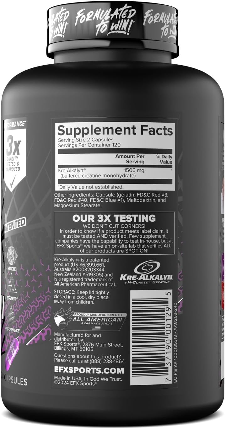 EFX Sports Kre-Alkalyn EFX | pH Correct Creatine Monohydrate Pill Supplement | Strength, Muscle Growth & Performance | 120 Servings, 240 Capsules
